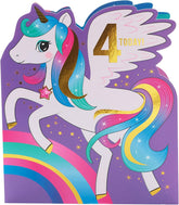 UK Greetings 4 Year Old Girl Unicorn Birthday Card featuring colorful unicorn illustration for children’s birthday celebrations.