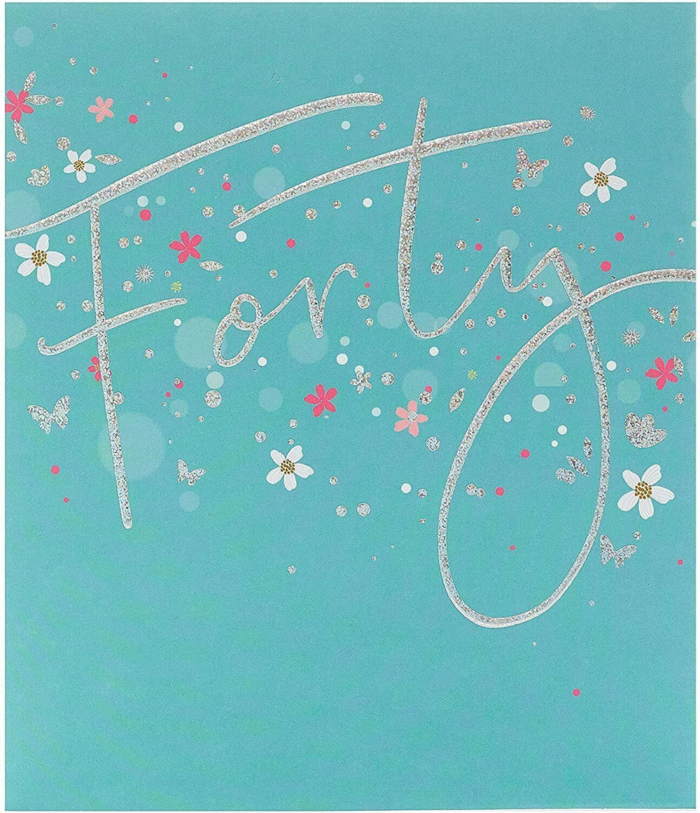 UK Greetings 40th birthday card with silver foil lettering, featuring festive design and celebratory message.