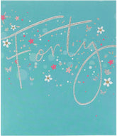 UK Greetings 40th birthday card with silver foil lettering, featuring festive design and celebratory message.