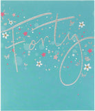 UK Greetings 40th birthday card with silver foil lettering, featuring festive design and celebratory message.
