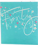 UK Greetings 40th birthday card with silver foil lettering, featuring festive design and celebratory message.