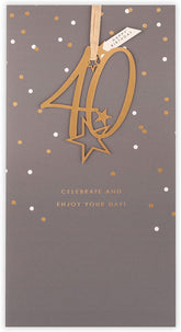 UK Greetings 40th Starburst Attachment Birthday Card showing colorful starburst design and "Happy 40th" message inside.