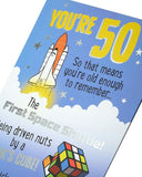 UK Greetings 50th Cheeky Humour Birthday Card featuring colorful humorous design and playful message for milestone birthday celebrations.