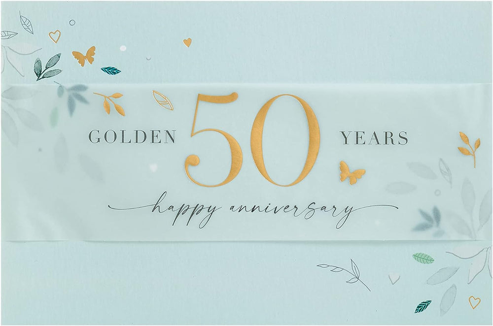 UK Greetings 50th wedding anniversary greeting card with leaf design, suitable for him, her, or a friend, featuring elegant artwork.