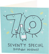 UK Greetings 70th birthday greeting card featuring a blue design, suitable for him, her, or a friend, with decorative elements.
