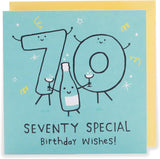 UK Greetings 70th birthday greeting card for him, her, or friend featuring a blue design with celebratory graphics.
