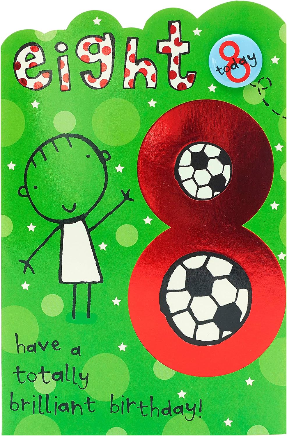 UK Greetings 8th football birthday card featuring a festive design with a badge, perfect for young football fans.