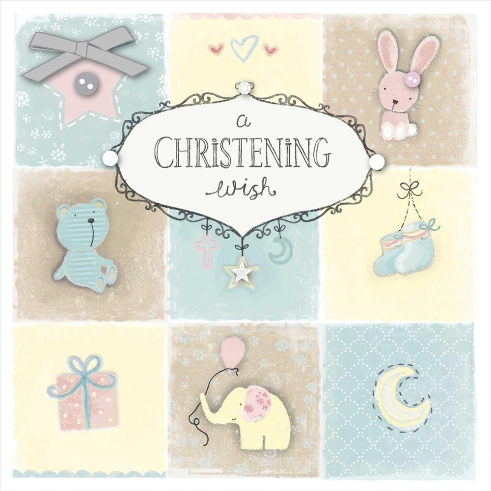 UK Greetings Christening greeting card with glitter accents and a wish for happiness, designed for special occasions.