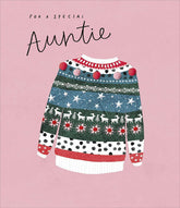 UK Greetings Christmas greeting card featuring a festive jumper design, perfect for sending special holiday wishes to an auntie.