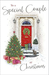 UK Greetings A Special Couple traditional foiled Christmas card showing festive holiday design with a romantic theme.