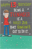 UK Greetings Age 13 birthday card for teenage boys, featuring colorful designs suitable for a teenage boy's birthday celebration.