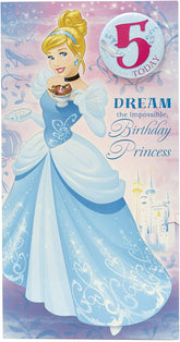 UK Greetings Disney Princess Cinderella birthday card for 5th birthday with badge, featuring a girl-themed design and Cinderella artwork.