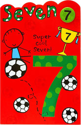 UK Greetings football birthday card for age 7 featuring a badge, perfect for young football fans, with colorful football-themed design.