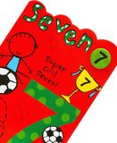 UK Greetings football birthday card for age 7 with badge, featuring football-themed design perfect for young football fans.