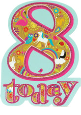 UK Greetings unicorn birthday card for age 8 featuring colorful unicorn illustration and cheerful design.