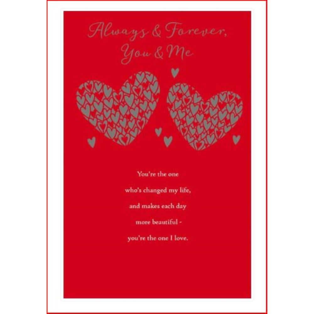 UK Greetings Valentine's Day card featuring "Always & Forever, You & Me" design, with romantic heartfelt message.