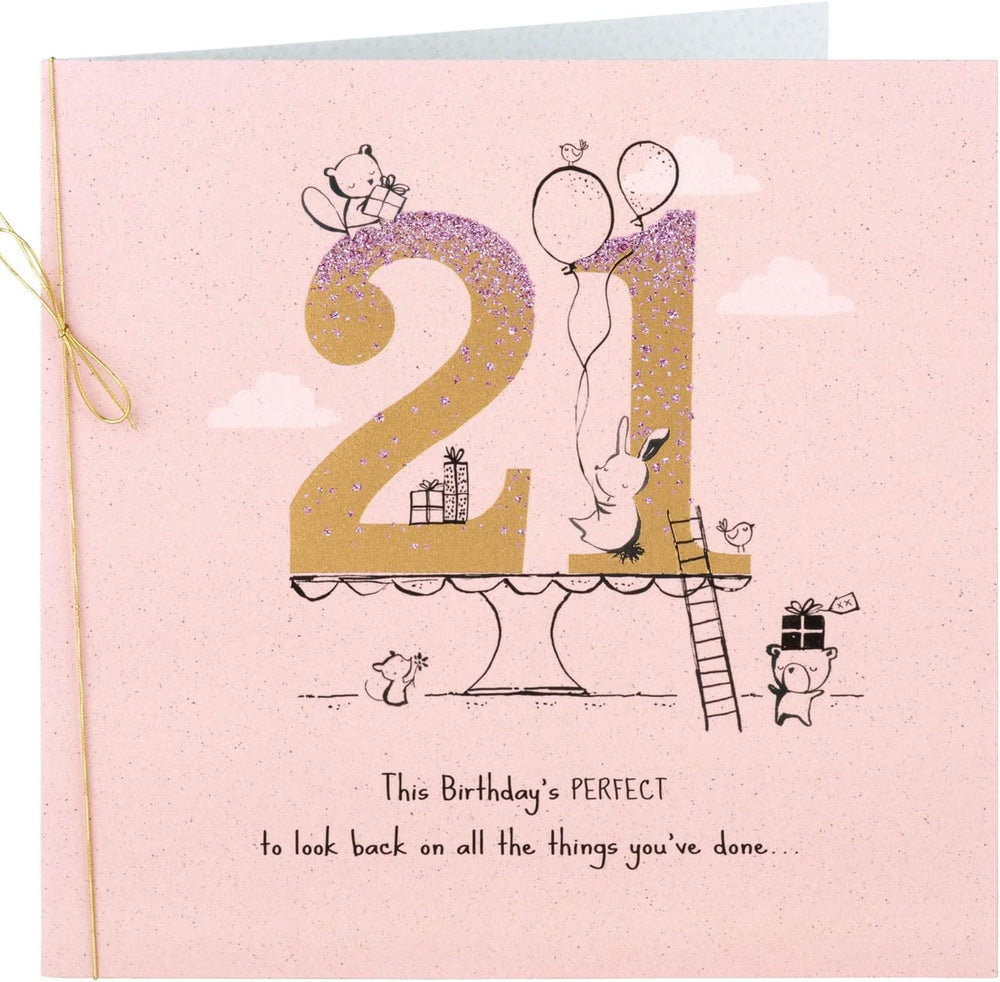 UK Greetings 21st birthday card featuring adorable animals carrying gifts and balloons, perfect for celebrating with a cheerful design.