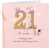 UK Greetings 21st birthday card featuring adorable animals carrying gifts and balloons, perfect for celebrating with a cheerful design.