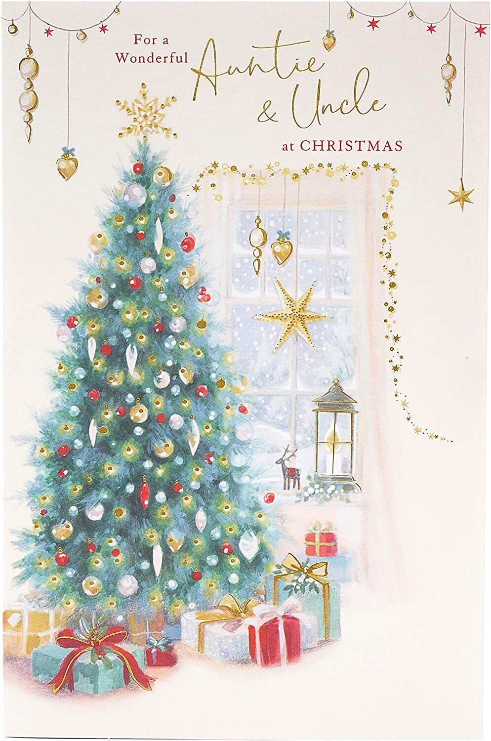 UK Greetings Auntie and Uncle Christmas Card featuring a traditional Christmas tree design, perfect for holiday greetings.