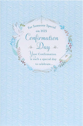 UK Greetings baby blue confirmation card for boys, featuring a charming design with soft blue tones and celebratory details.