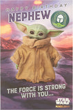 UK Greetings Baby Yoda nephew birthday card featuring a colorful design and a badge, perfect for celebrating a special occasion.