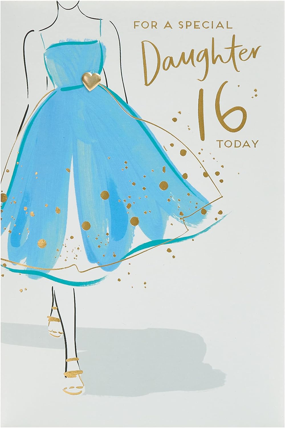 UK Greetings beautiful dress daughter 16th birthday card shows a colorful design with a stylish dress illustration for special celebrations.