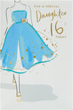 UK Greetings beautiful dress daughter 16th birthday card shows a colorful design with a stylish dress illustration for special celebrations.
