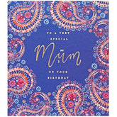 UK Greetings beautiful Eastern print birthday card for mum, featuring colorful floral design and intricate details.