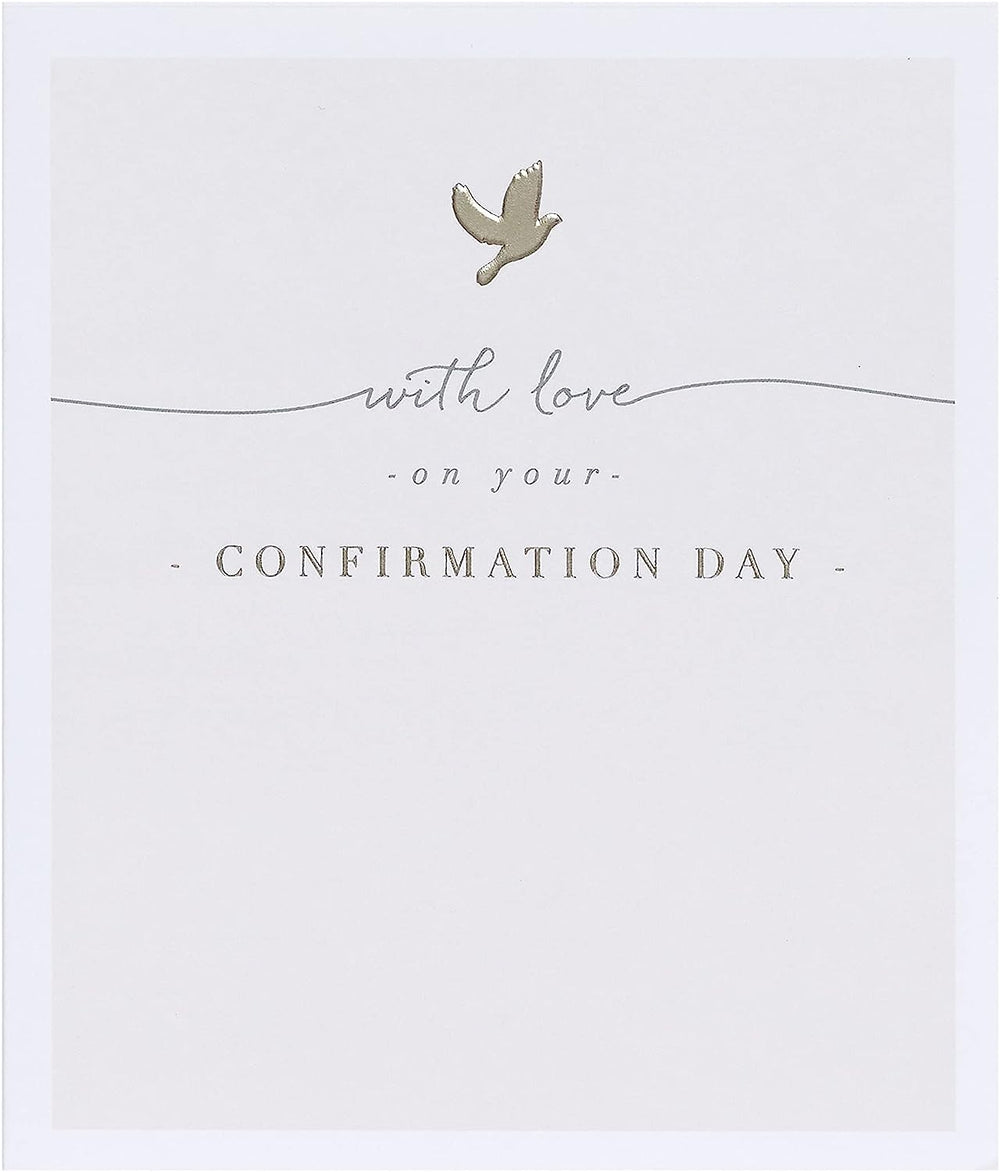 UK Greetings beige dove design confirmation card for boy or girl, featuring elegant dove illustration and soft beige background.