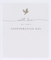 UK Greetings beige dove design confirmation card for boy or girl, featuring elegant dove illustration and soft beige background.
