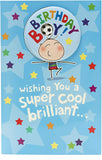 UK Greetings birthday boys greeting card featuring colorful design and a badge, perfect for celebrating young boys' birthdays.