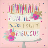 UK Greetings birthday card for her featuring a fabulous auntie, perfect for celebrating special occasions with style.