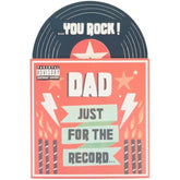 UK Greetings birthday card for Dad featuring a pop-up vinyl record design, with colorful illustrations and celebratory message.