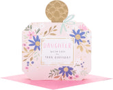 UK Greetings birthday card for daughter featuring a perfume bottle-shaped design, colorful greeting card with floral accents.