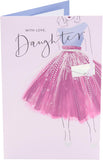 UK Greetings birthday card for daughter featuring a purple dress design from the Thinking of You range.
