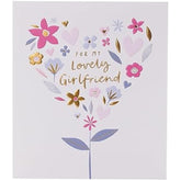 UK Greetings birthday card for girlfriend featuring a flower heart design, with colorful floral artwork and romantic message inside.