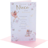 UK Greetings birthday card for niece featuring a whimsical fairies design, decorated with colorful fairy illustrations.