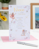 UK Greetings birthday card for niece featuring a whimsical fairies design, with colorful fairy illustrations on the front.