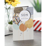 UK Greetings birthday card for son featuring colorful balloons design, celebrating with cheerful and vibrant imagery.