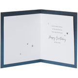 UK Greetings birthday card for son featuring a gold and blue design, showcasing a colorful greeting card with celebratory patterns.