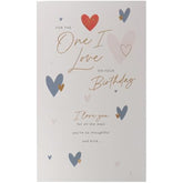 UK Greetings birthday card for the one I love featuring heartfelt hearts design, perfect for celebrating special occasions.