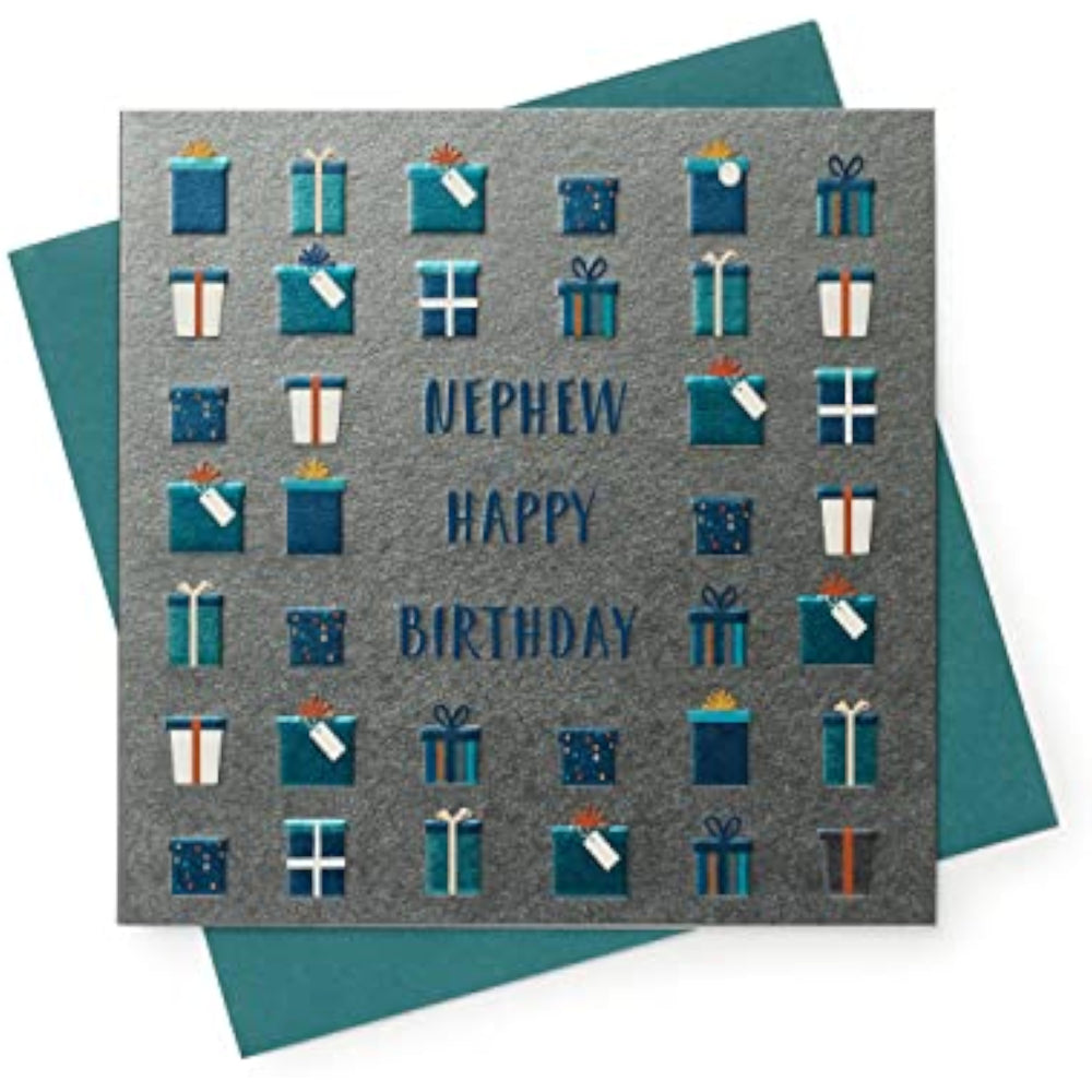 UK Greetings birthday greeting card for nephew, featuring colorful design and cheerful message on the front.