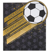 Black and gold football-themed birthday card by UK Greetings, featuring a sporty design perfect for football fans.