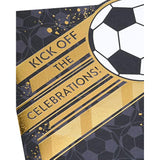 UK Greetings black and gold football design birthday greeting card with festive football illustrations.