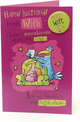 UK Greetings Blue and Pink Birds humorous wife birthday card with badge, featuring colorful bird illustrations and playful design.