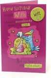 UK Greetings Blue and Pink Birds humorous wife birthday card with badge, featuring colorful bird illustrations and playful design.