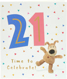 UK Greetings Boofle 21st birthday greeting card featuring colorful Boofle character and festive design for special celebration
