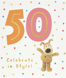 UK Greetings Boofle 50th Birthday Card showing colorful illustration of Boofle the dog with celebratory design.