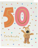 UK Greetings Boofle 50th Birthday Card with colorful cartoon dog illustration, perfect for celebrating a special milestone.