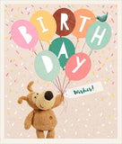 UK Greetings Boofle Balloons birthday greeting card featuring colorful balloon illustrations and cheerful design.